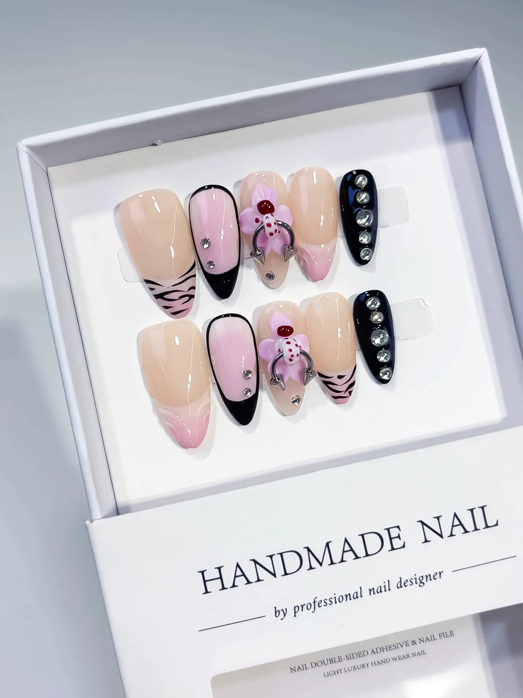 White Green Pink Ombre Flower Dot Pattern press on nails angled view