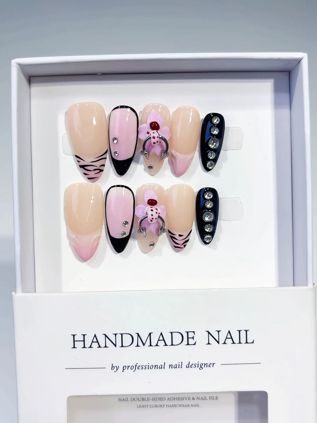 White Green Pink Ombre Flower Dot Pattern press on nails full set view