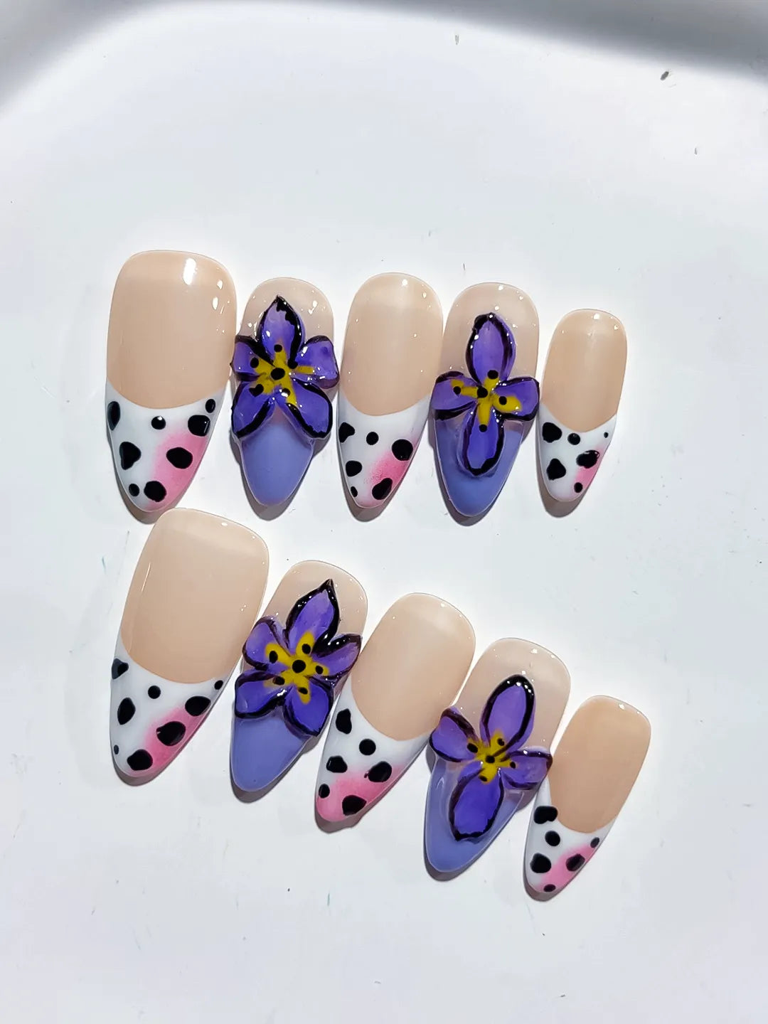 Nude Black White Yellow French tip Flower Animal Print Rhinestone press on nails detail view