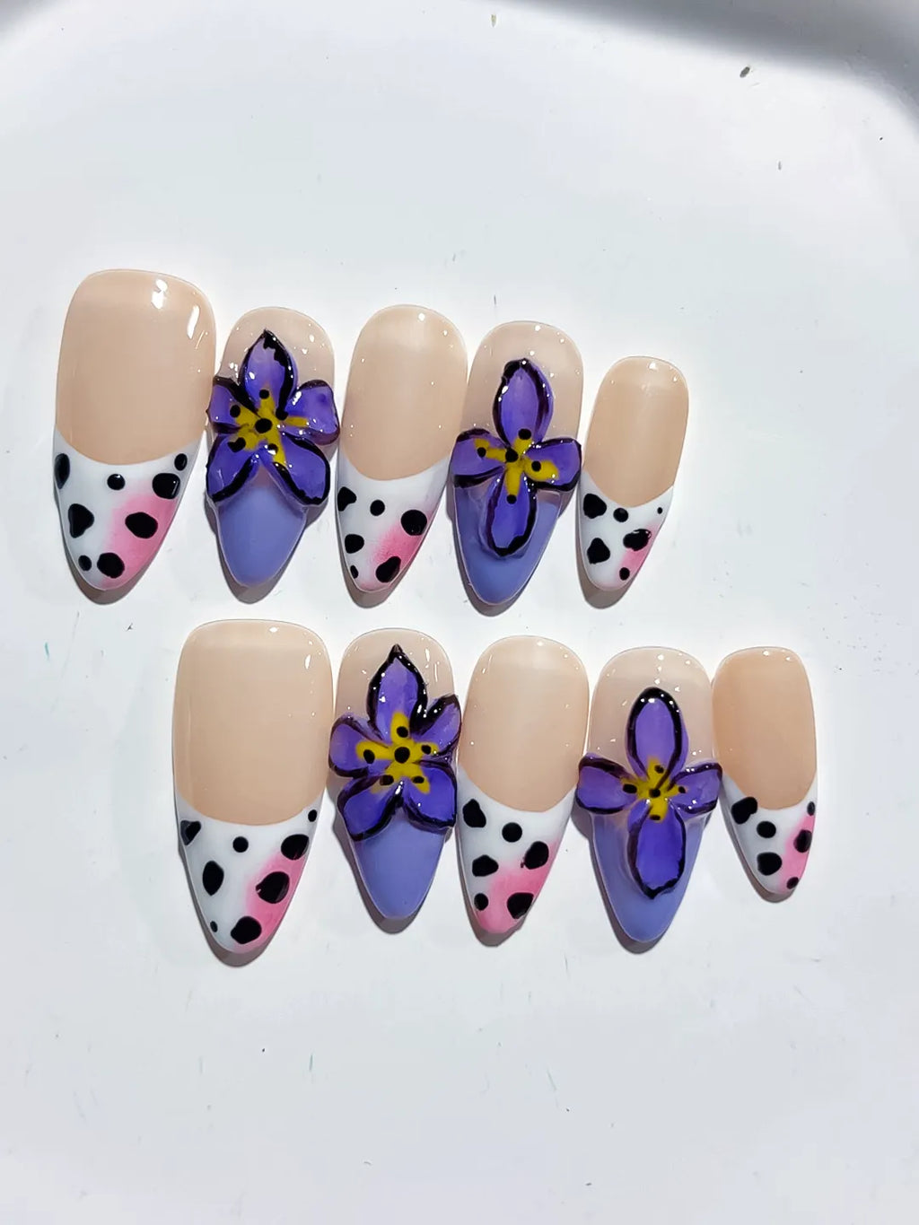Nude Black White Yellow French tip Flower Animal Print Rhinestone press on nails detail view
