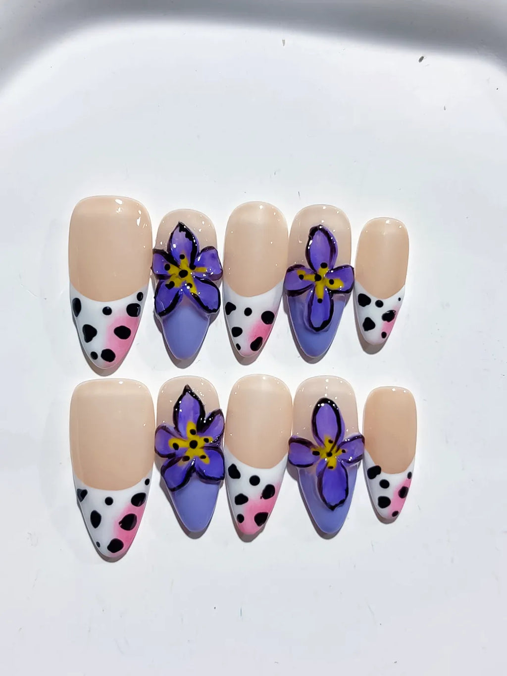 Nude Black White Yellow French tip Flower Animal Print Rhinestone press on nails detail view