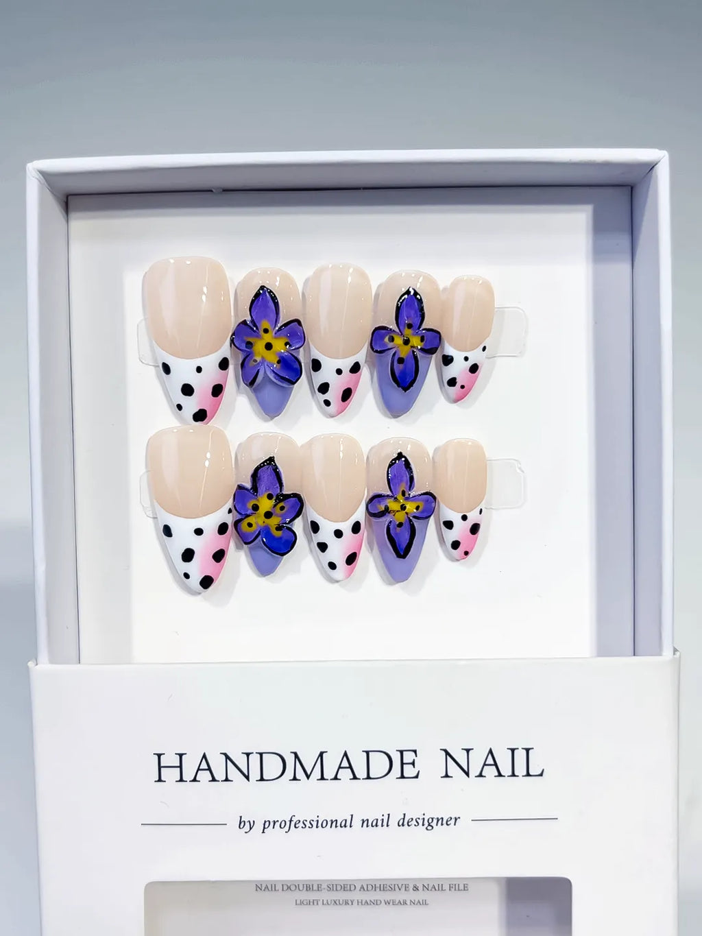 Nude Black White Yellow French tip Flower Animal Print Rhinestone press on nails full set view