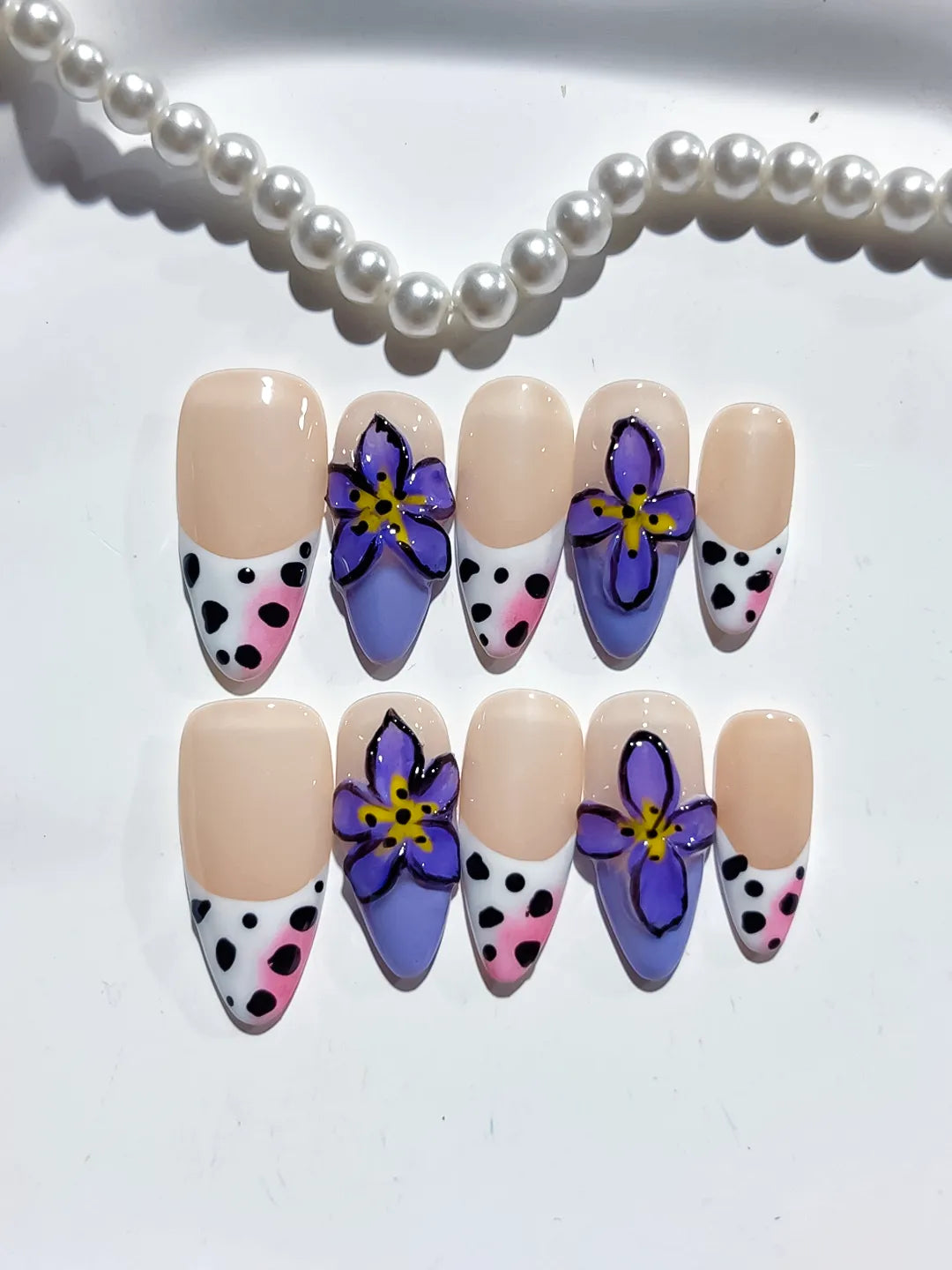 Nude Black White Yellow French tip Flower Animal Print Rhinestone press on nails close up