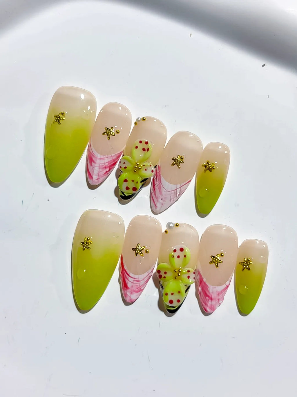 Nude Pink Black Silver French tip Cherry Animal Print Rhinestone press on nails close up