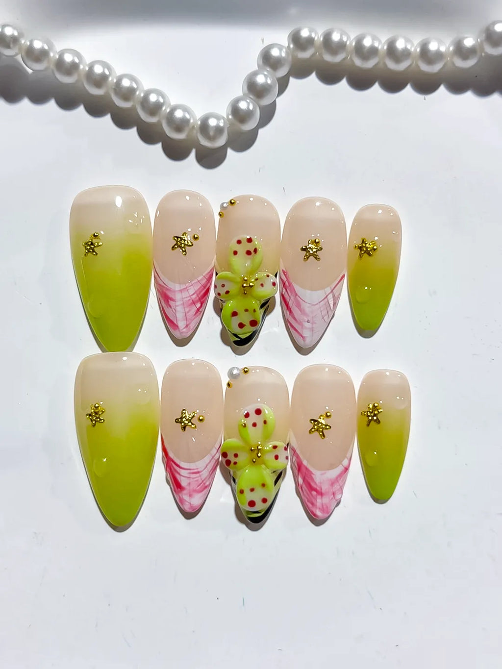 Nude Pink Black Silver French tip Cherry Animal Print Rhinestone press on nails detail view