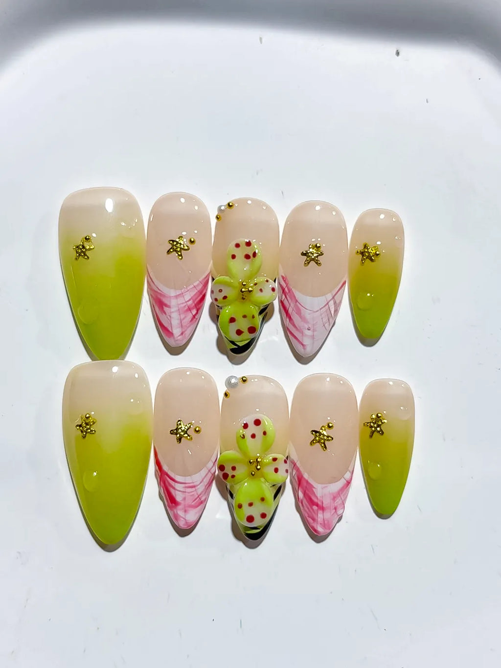 Nude Pink Black Silver French tip Cherry Animal Print Rhinestone press on nails detail view