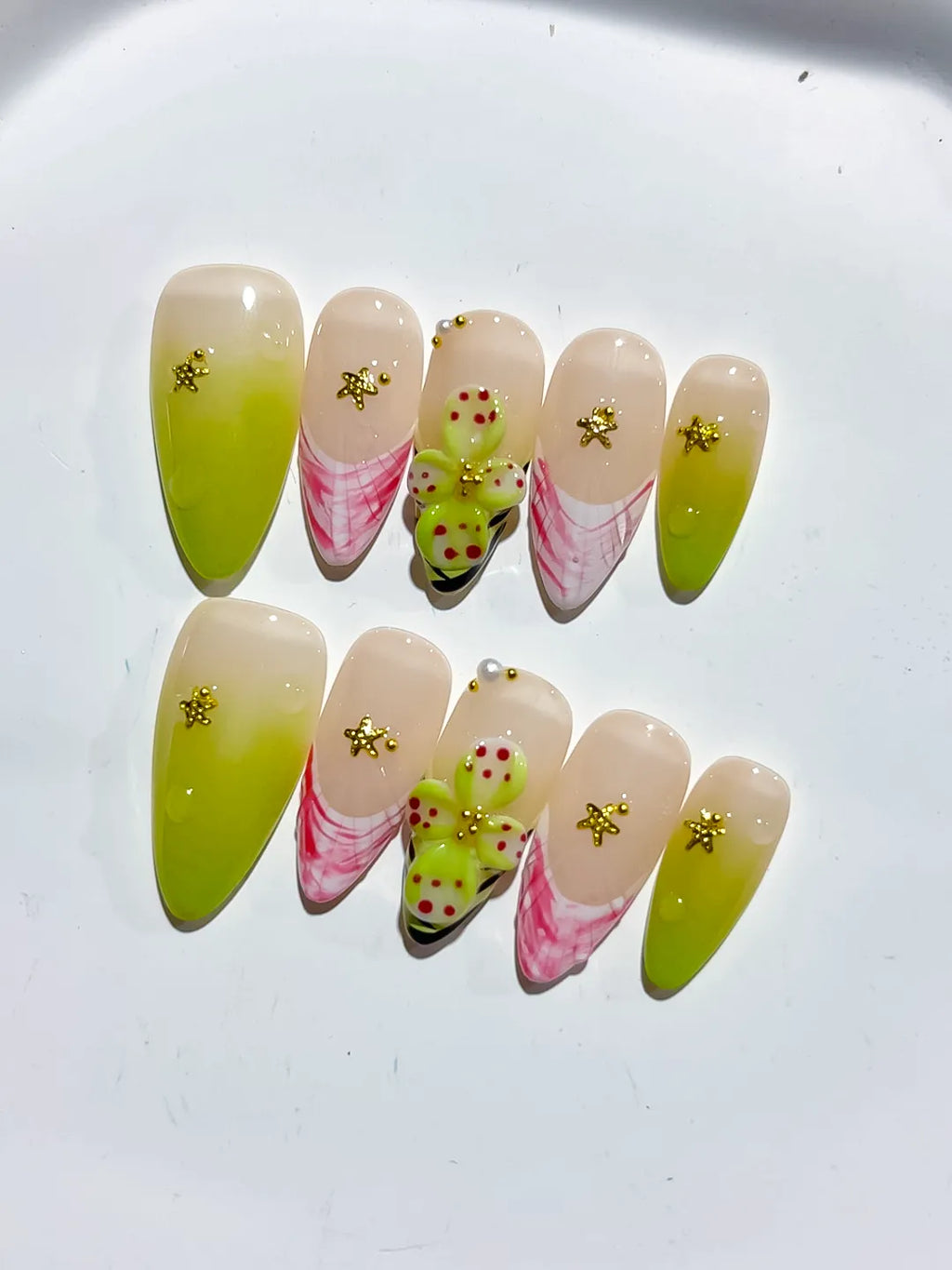 Nude Pink Black Silver French tip Cherry Animal Print Rhinestone press on nails detail view