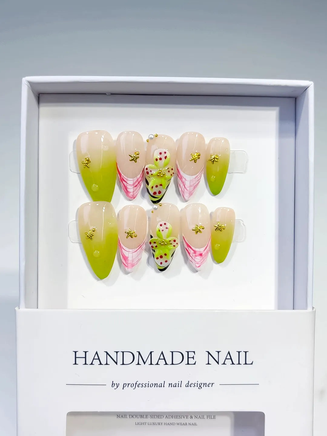 Nude Pink Black Silver French tip Cherry Animal Print Rhinestone press on nails full set view