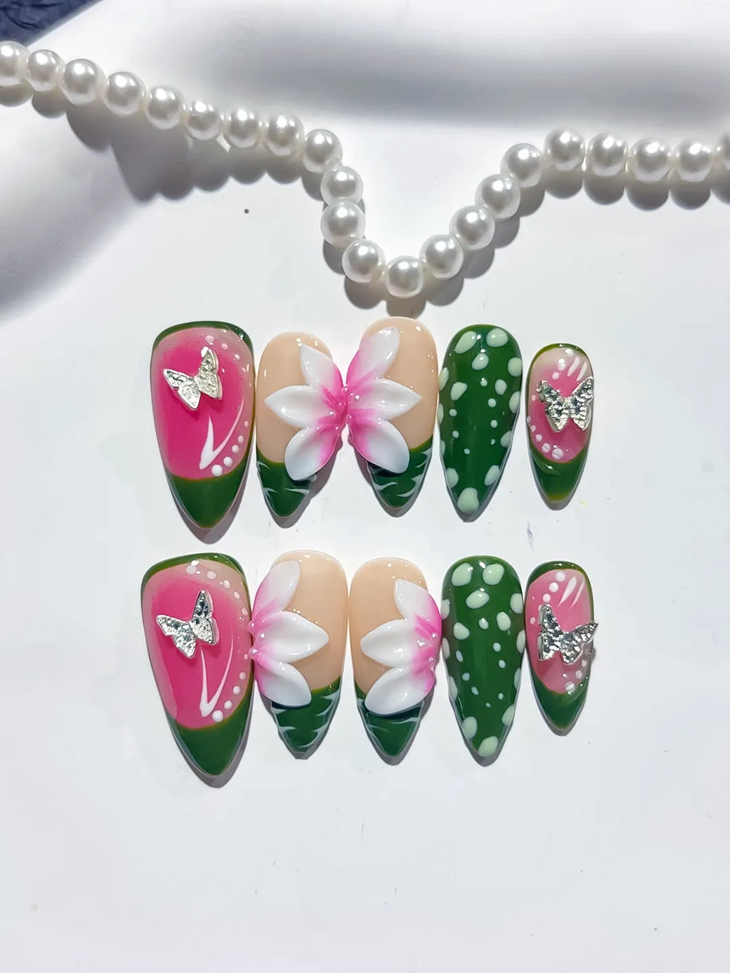 Pink Green White Abstract Flower Dot Pattern press on nails close up