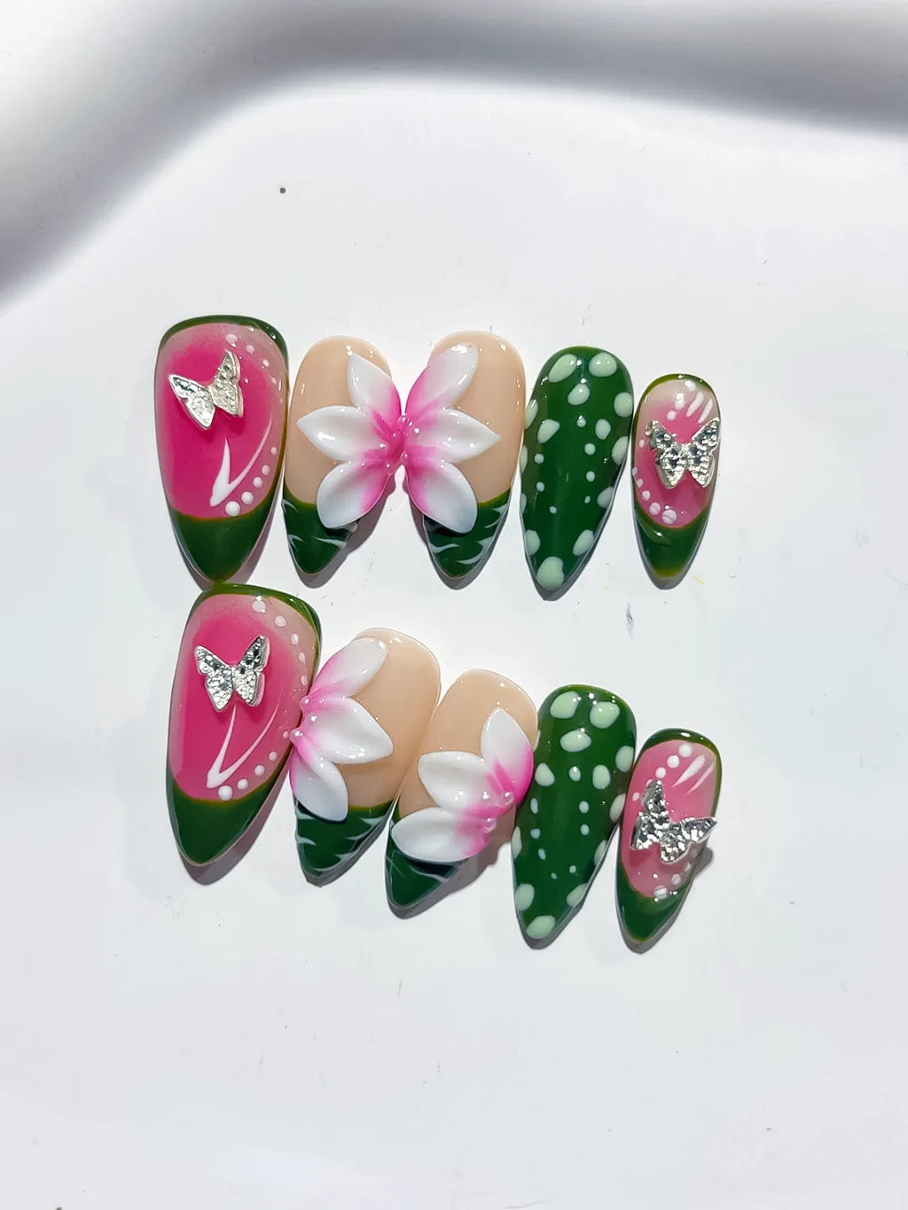 Pink Green White Abstract Flower Dot Pattern press on nails detail view