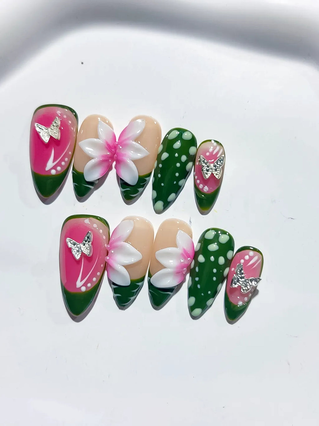 Pink Green White Abstract Flower Dot Pattern press on nails detail view