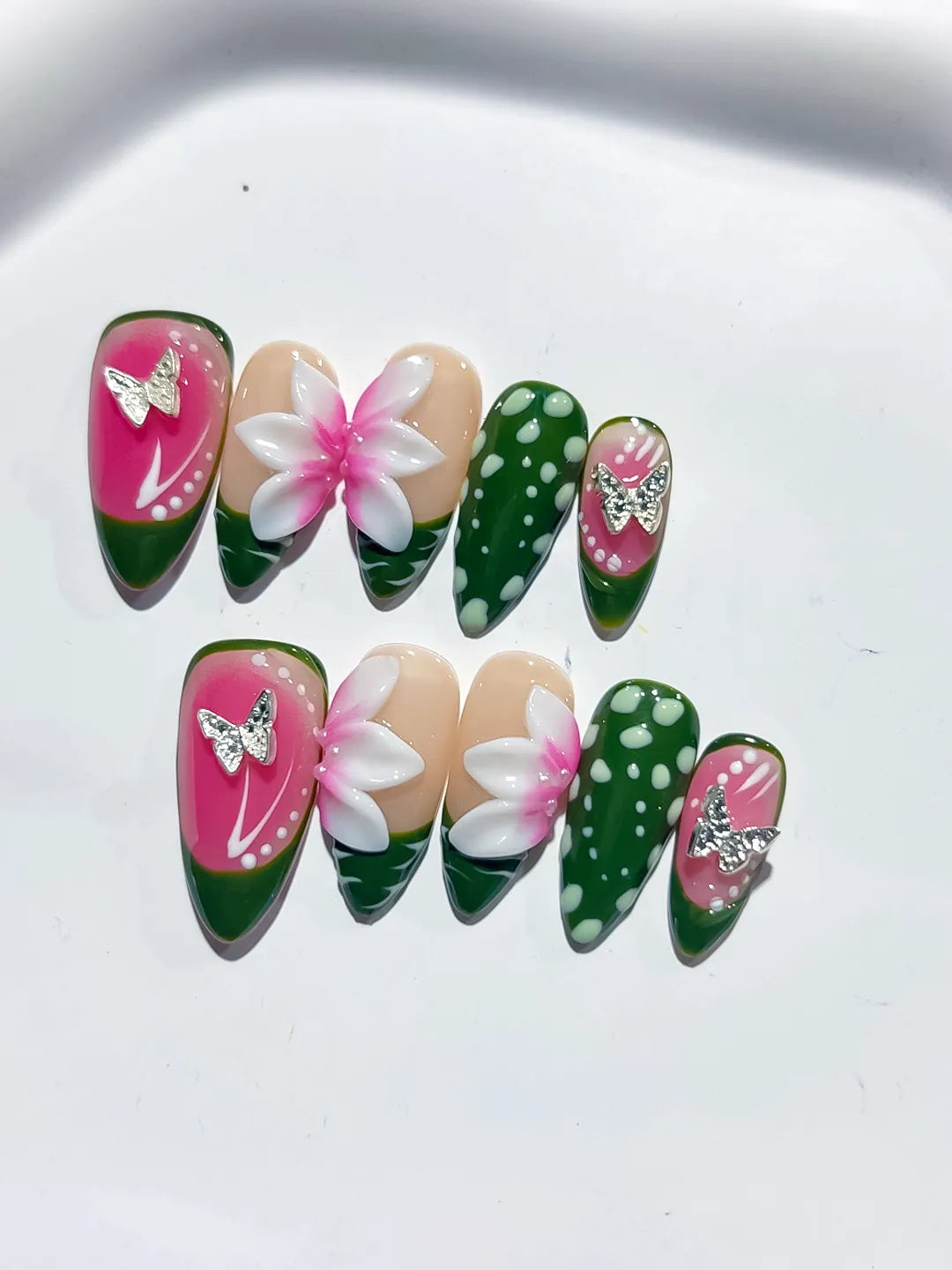 Pink Green White Abstract Flower Dot Pattern press on nails detail view