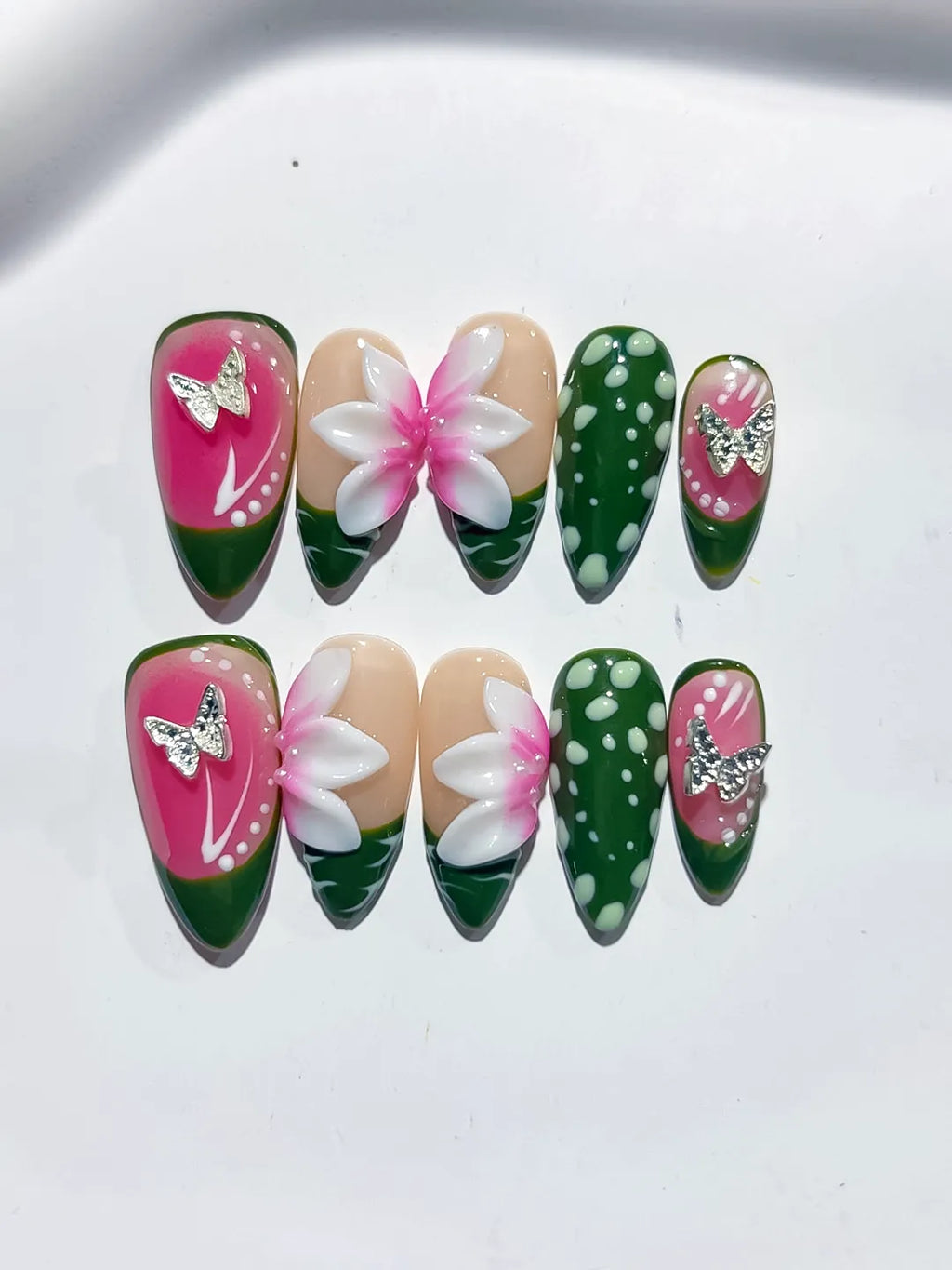 Pink Green White Abstract Flower Dot Pattern press on nails detail view