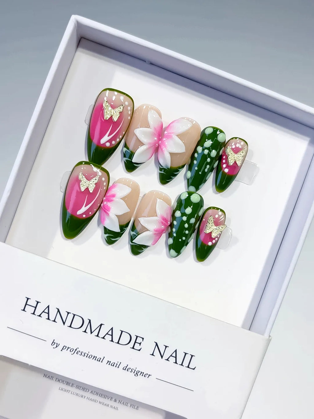 Pink Green White Abstract Flower Dot Pattern press on nails