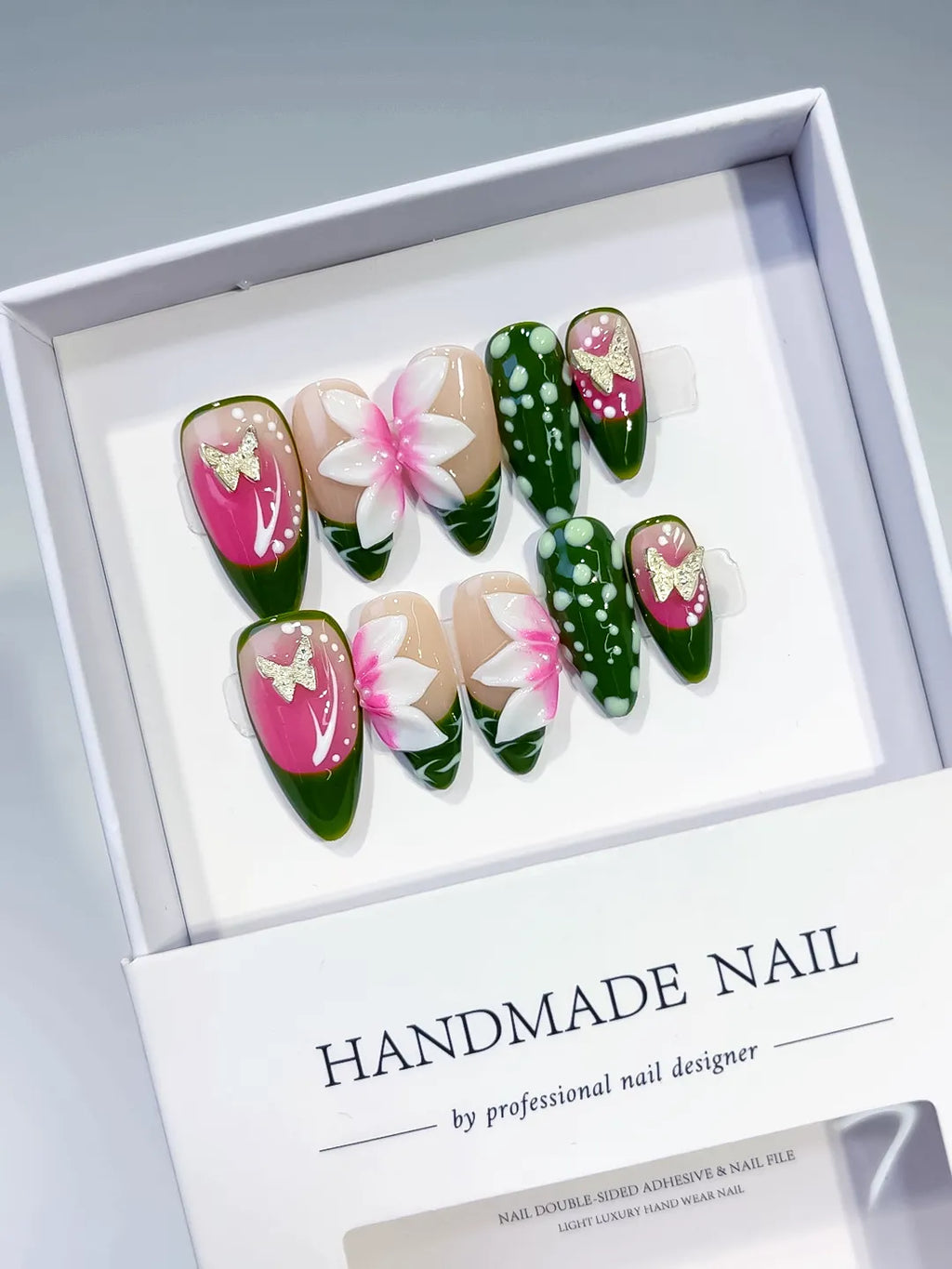 Pink Green White Abstract Flower Dot Pattern press on nails angled view