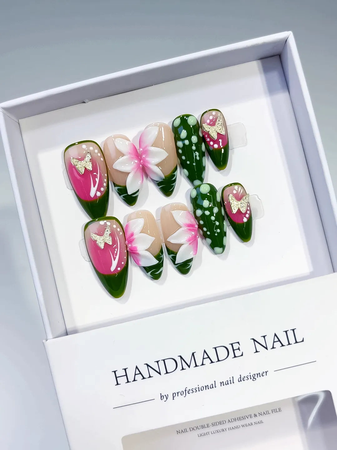 Pink Green White Abstract Flower Dot Pattern press on nails angled view