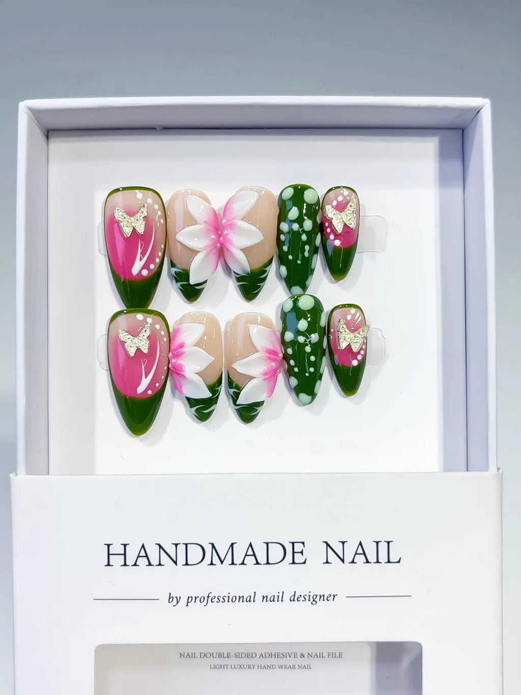 Pink Green White Abstract Flower Dot Pattern press on nails full set view