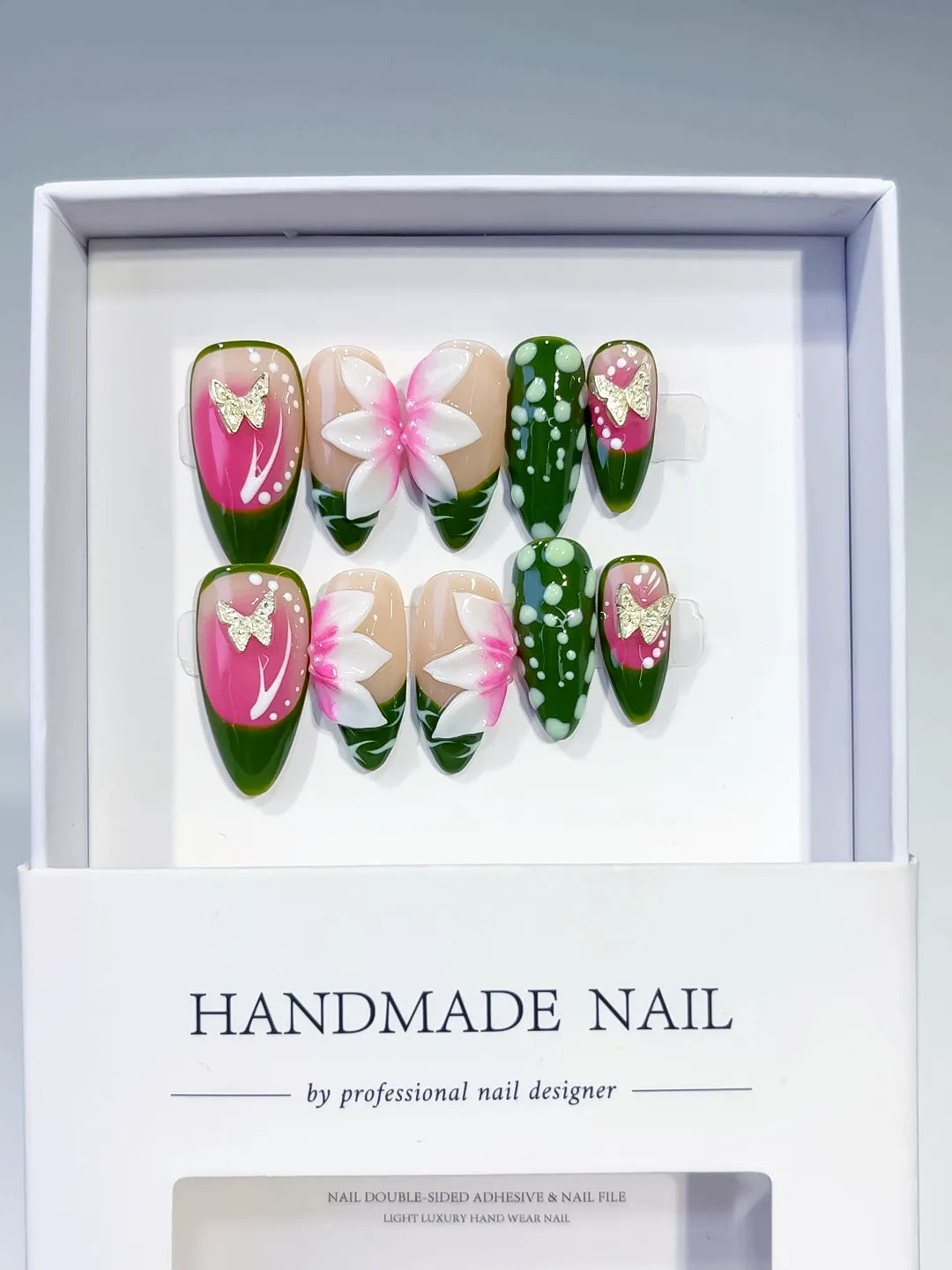 Pink Green White Abstract Flower Dot Pattern press on nails full set view