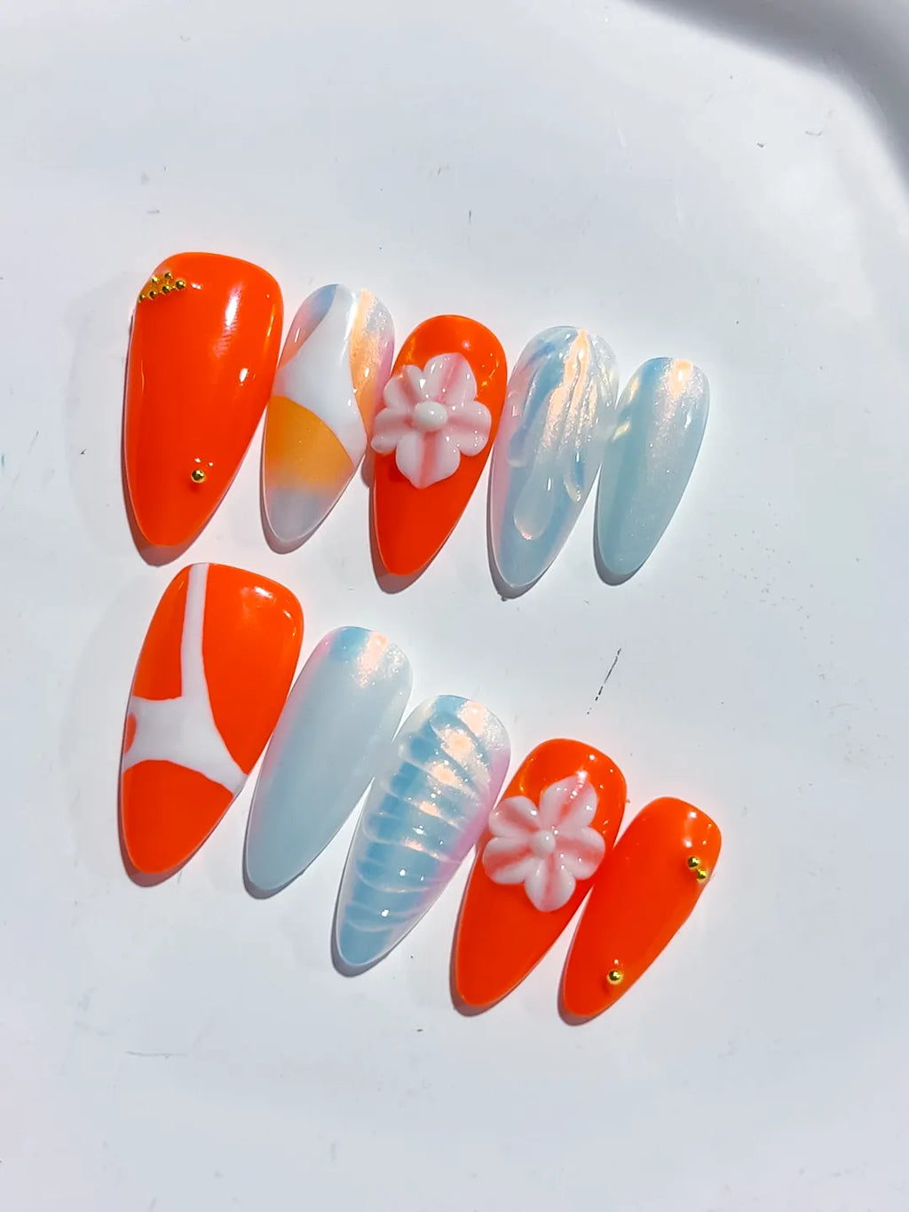 Orange White Abstract Flower Shell press on nails detail view