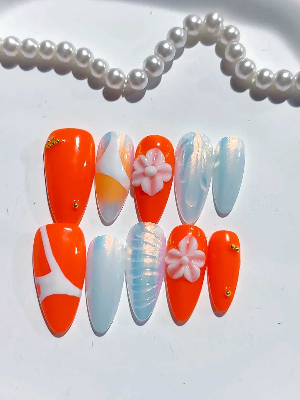 Orange White Abstract Flower Shell press on nails close up