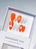 Orange White Abstract Flower Shell press on nails