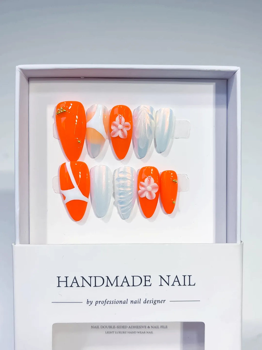 Orange White Abstract Flower Shell press on nails full set view