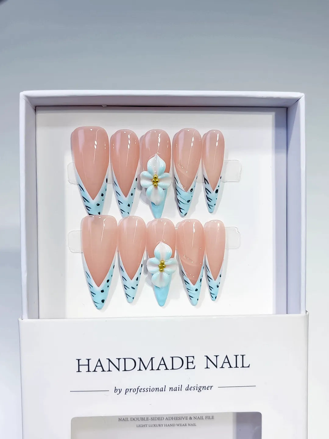 Nude Blue French tip Flower Animal Print press on nails full set view