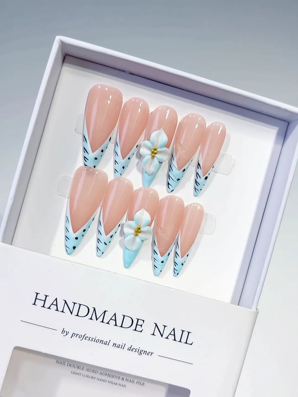 Nude Blue French tip Flower Animal Print press on nails