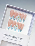 Nude Blue French tip Flower Animal Print press on nails