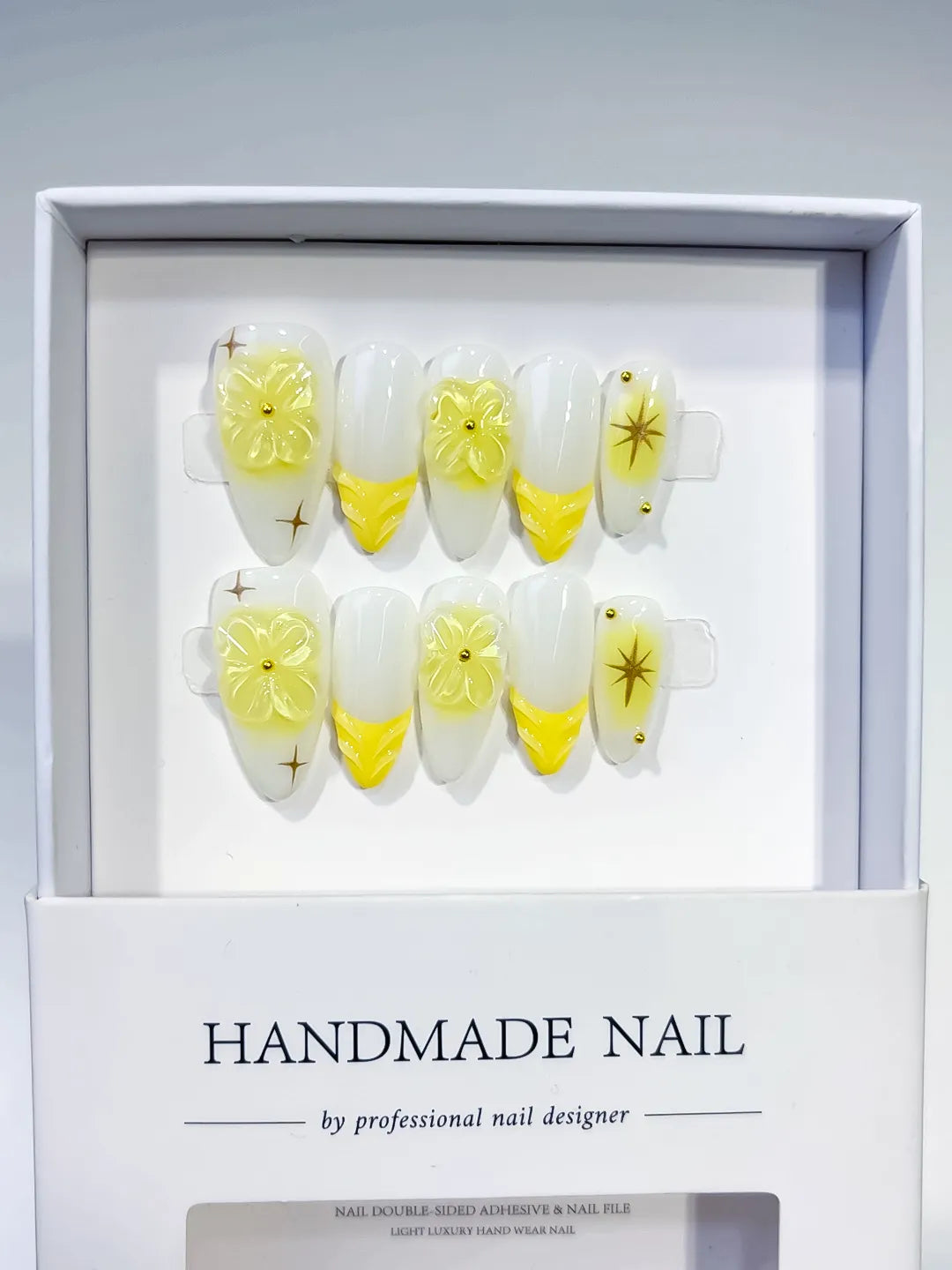 White Yellow French tip Flower Star press on nails full set view
