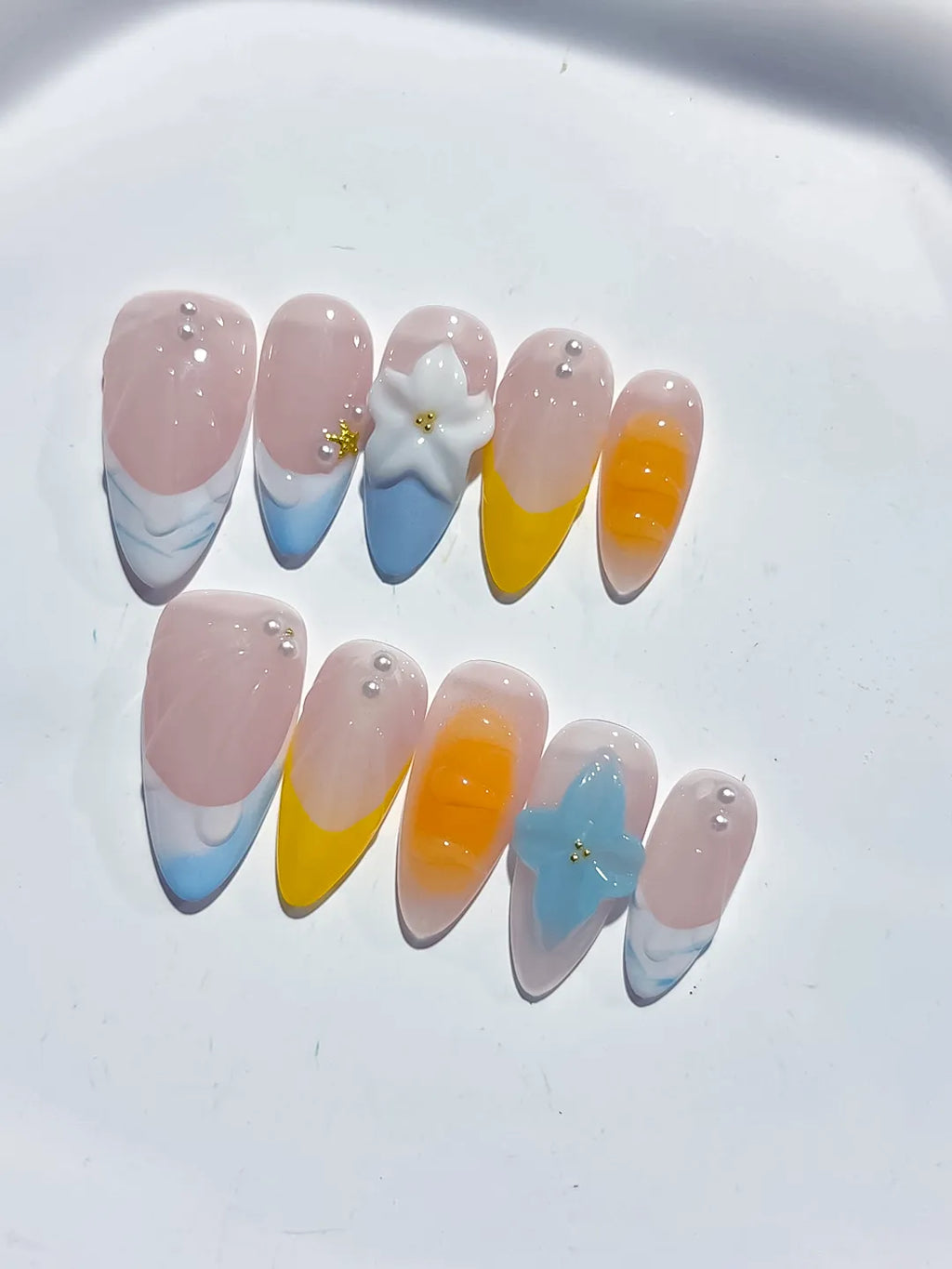 Nude Blue Yellow White French tip Flower Pearl press on nails detail view
