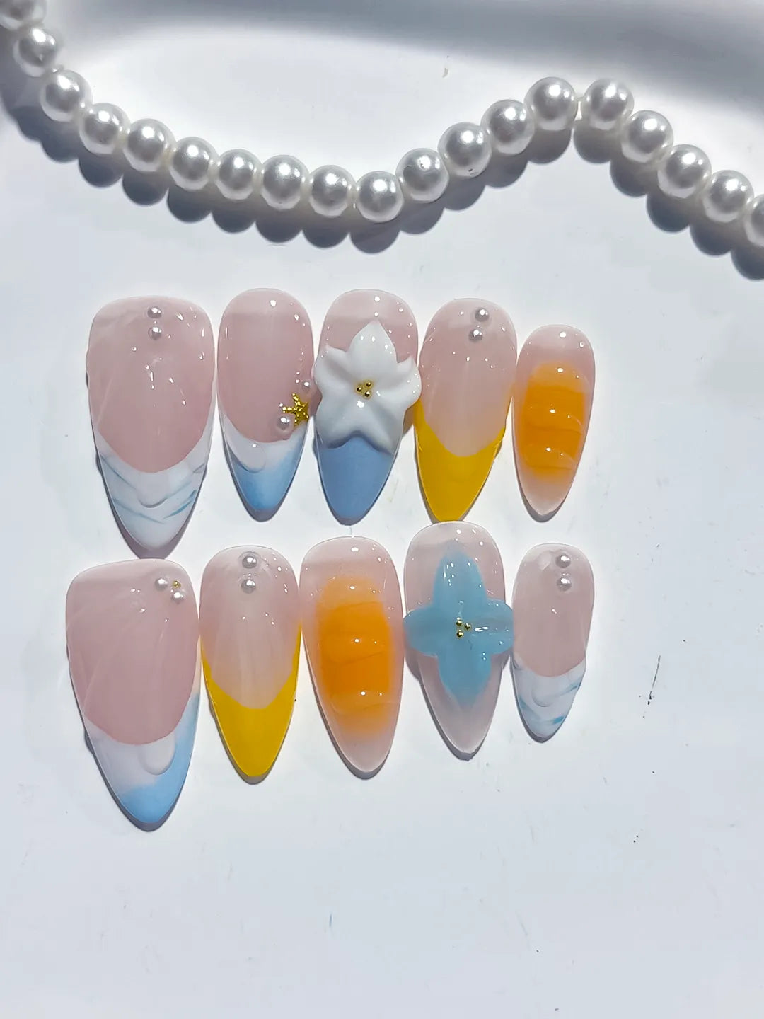 Nude Blue Yellow White French tip Flower Pearl press on nails detail view