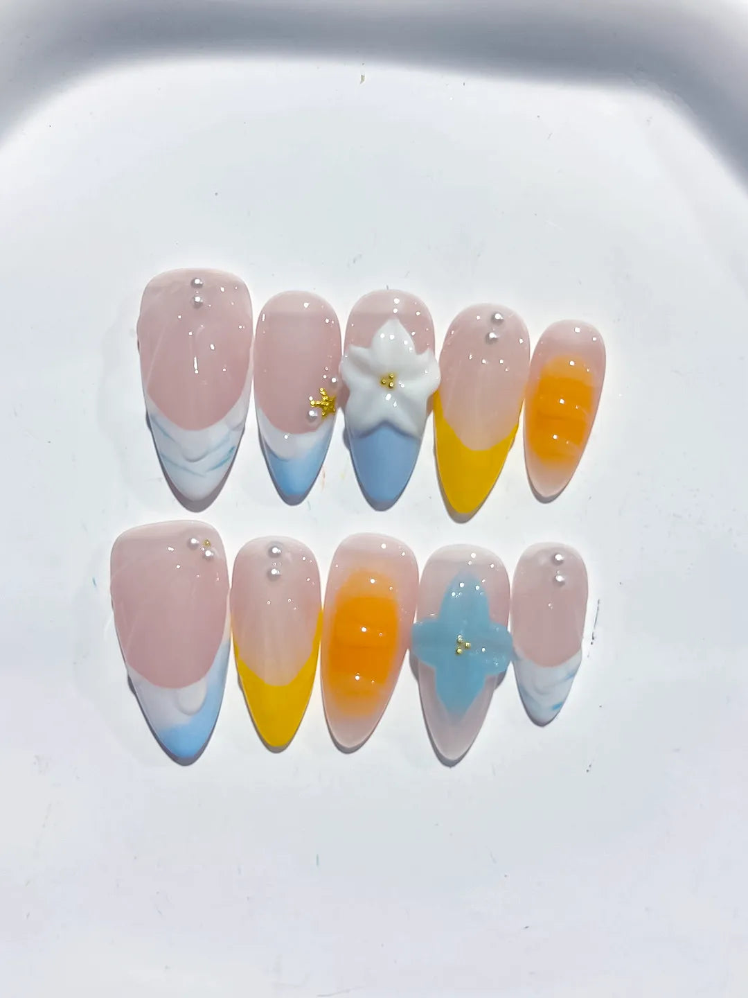 Nude Blue Yellow White French tip Flower Pearl press on nails detail view