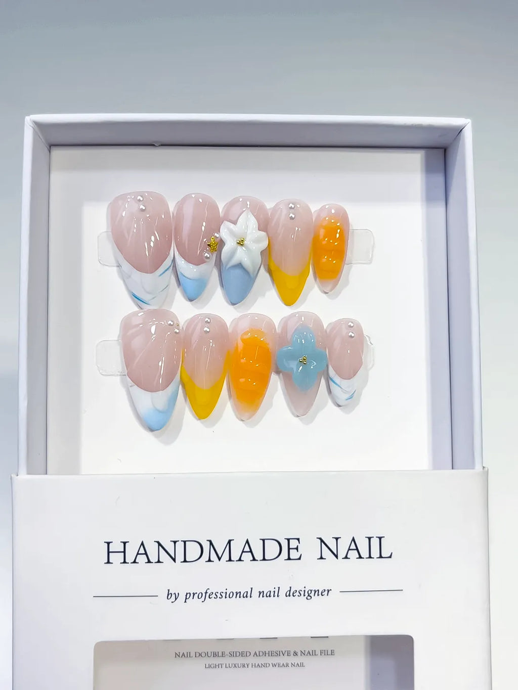 Nude Blue Yellow White French tip Flower Pearl press on nails full set view