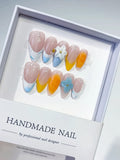 Nude Blue Yellow White French tip Flower Pearl press on nails