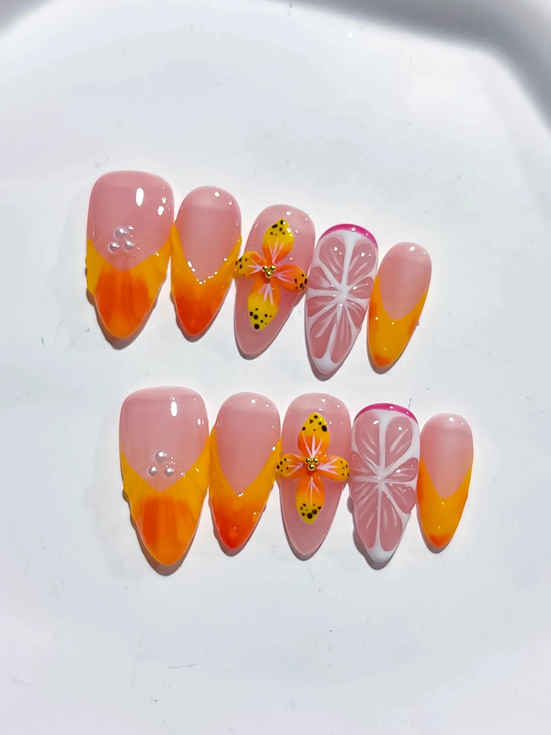 Nude Orange Pink French tip Flower Fruit press on nails detail view