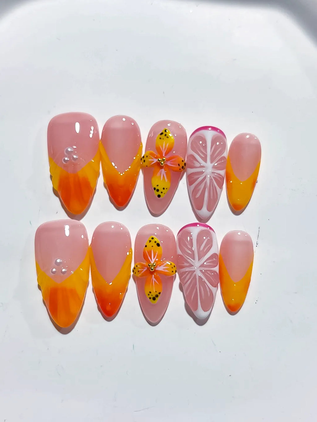 Nude Orange Pink French tip Flower Fruit press on nails detail view