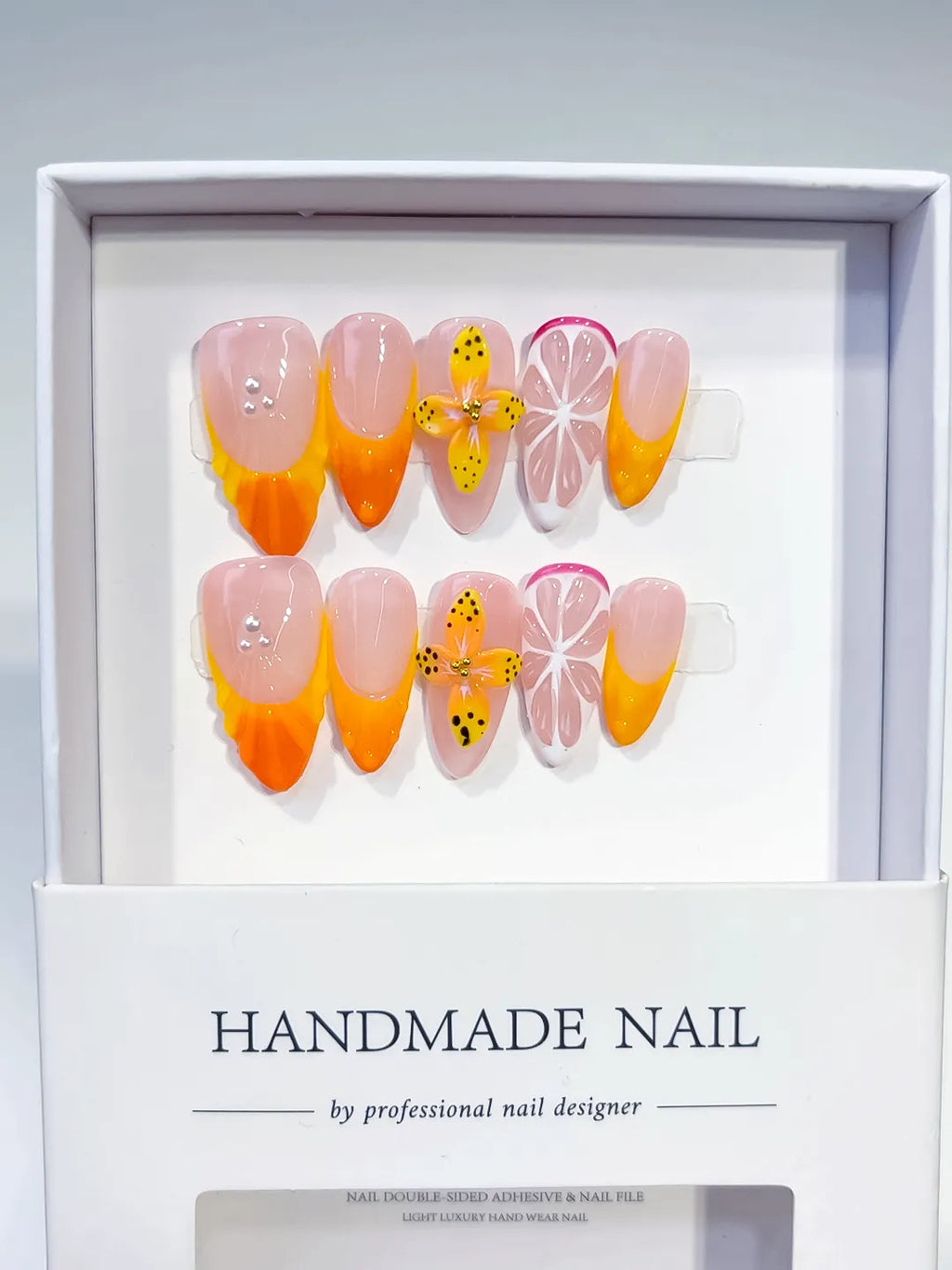 Nude Orange Pink French tip Flower Fruit press on nails full set view