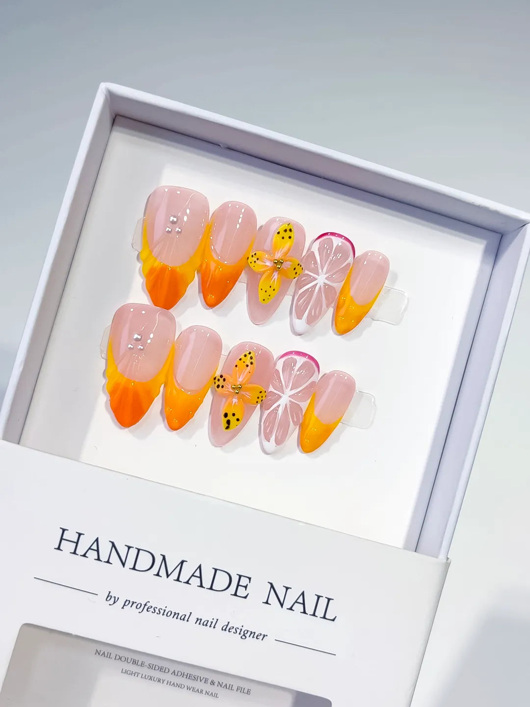 Nude Orange Pink French tip Flower Fruit press on nails
