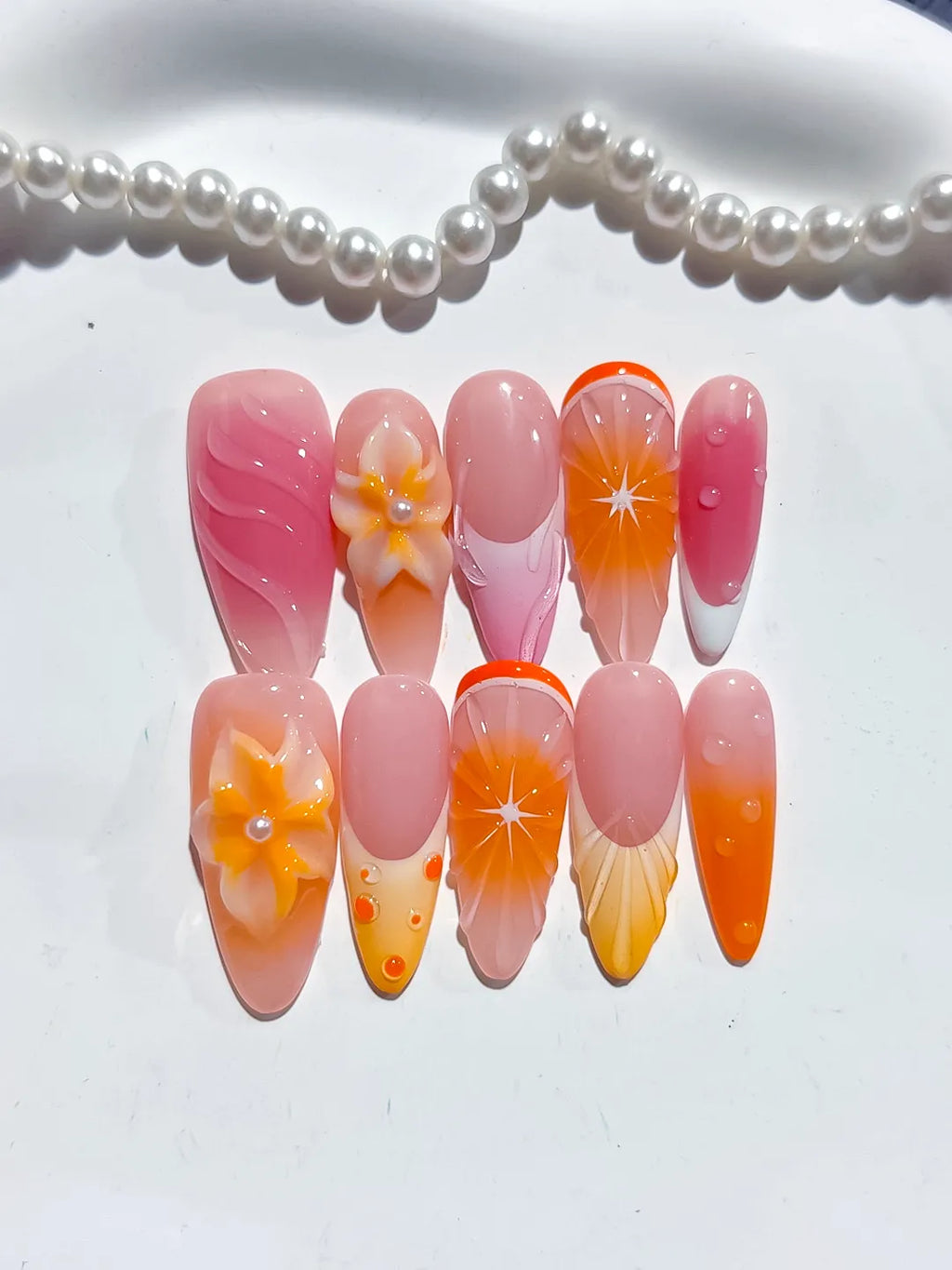 Pink Orange Ombre Flower Fruit press on nails close up
