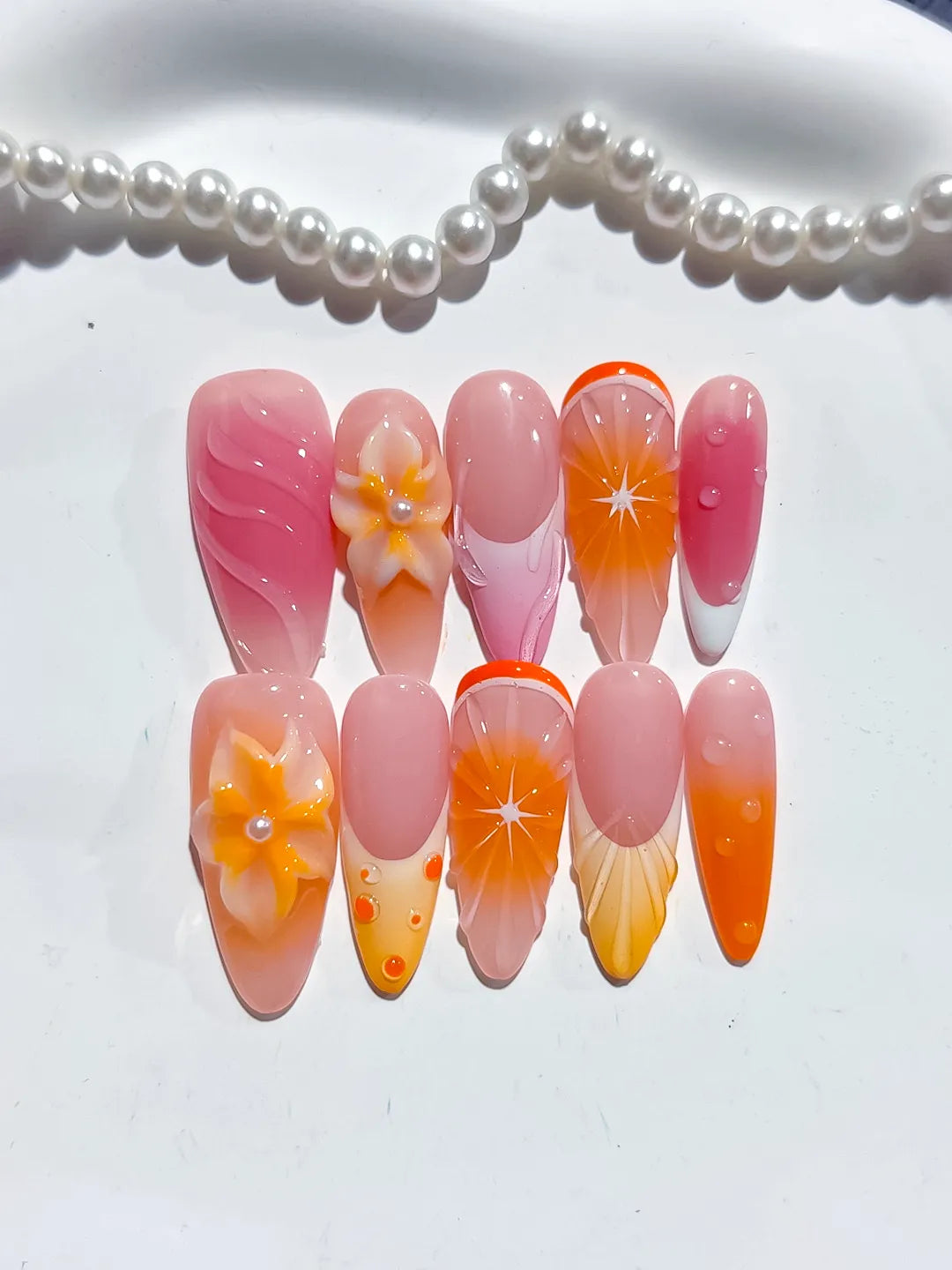 Pink Orange Ombre Flower Fruit press on nails close up