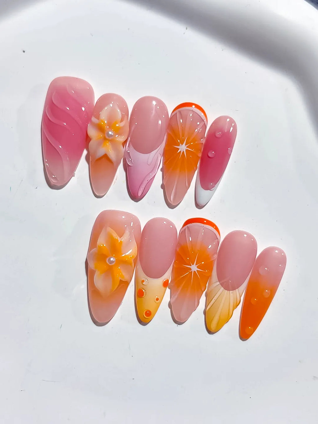 Pink Orange Ombre Flower Fruit press on nails detail view