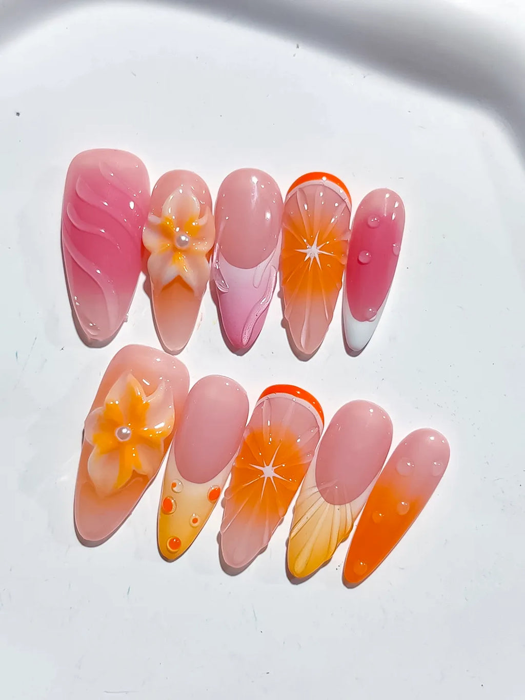 Pink Orange Ombre Flower Fruit press on nails detail view