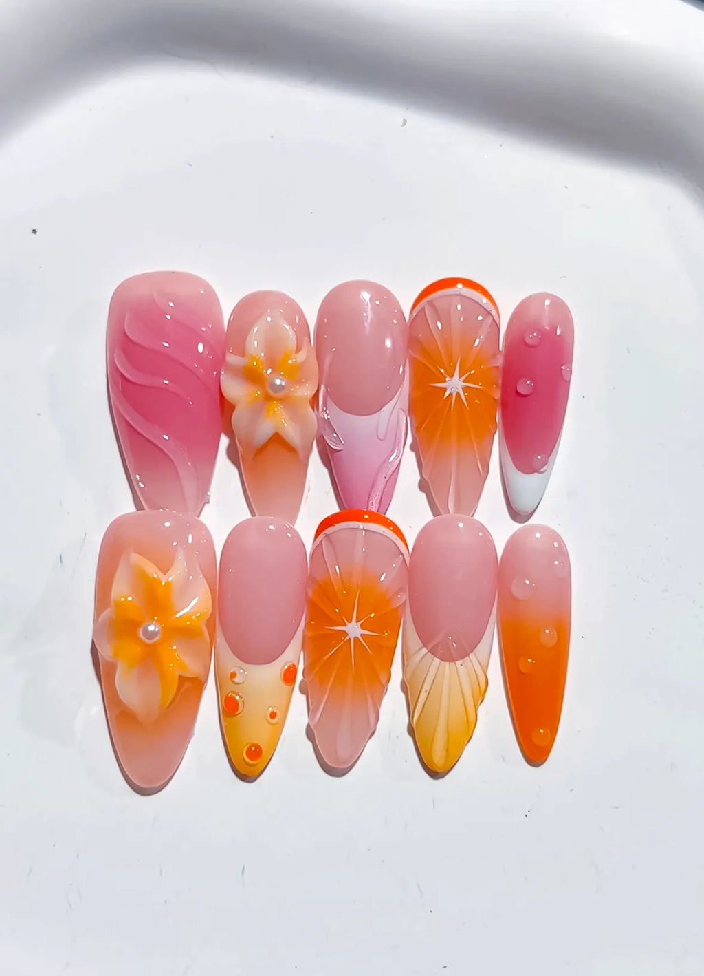 Pink Orange Ombre Flower Fruit press on nails detail view