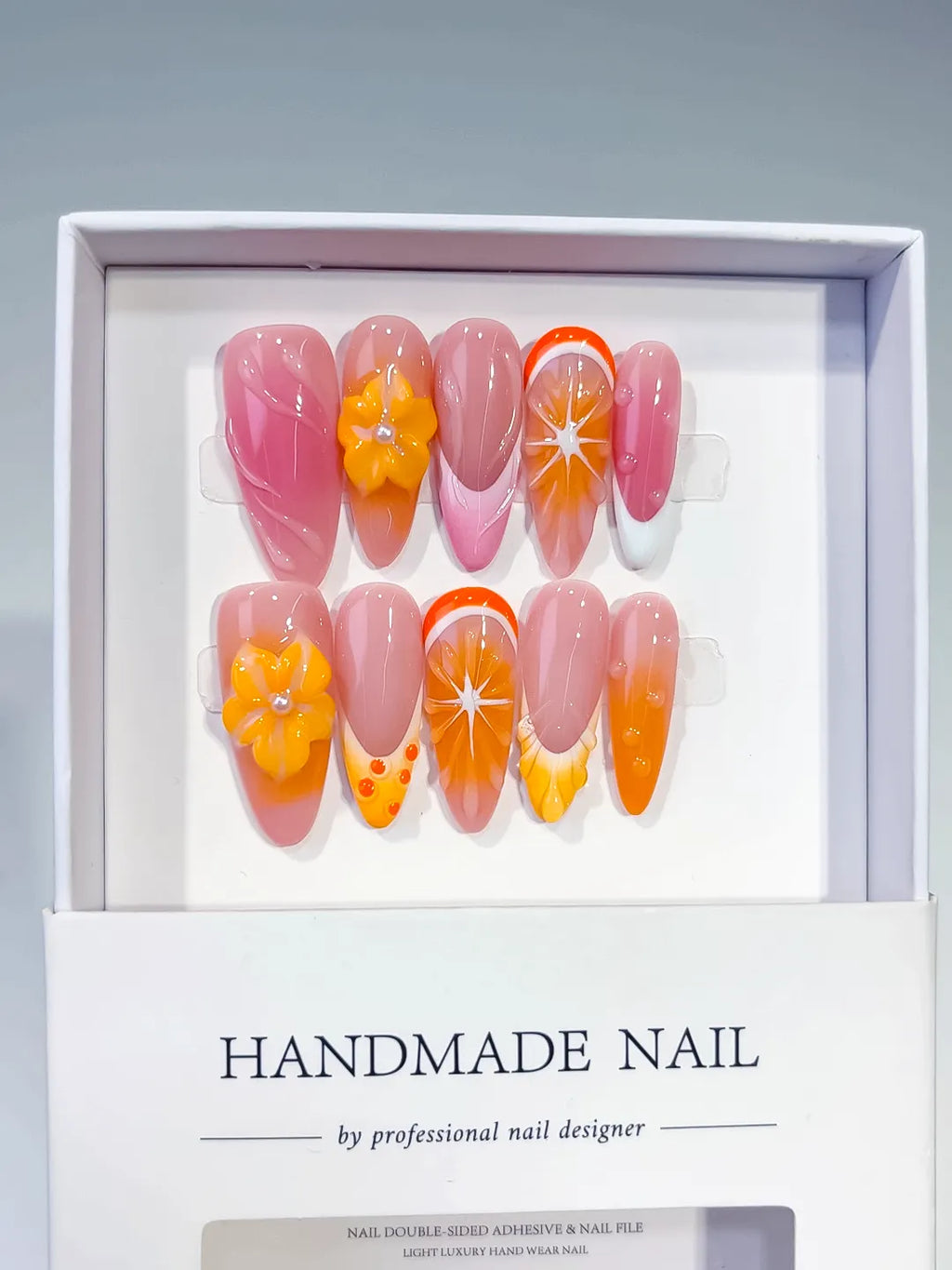 Pink Orange Ombre Flower Fruit press on nails full set view