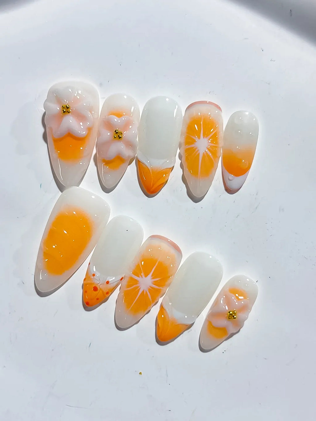 White Orange French tip Flower Fruit press on nails close up