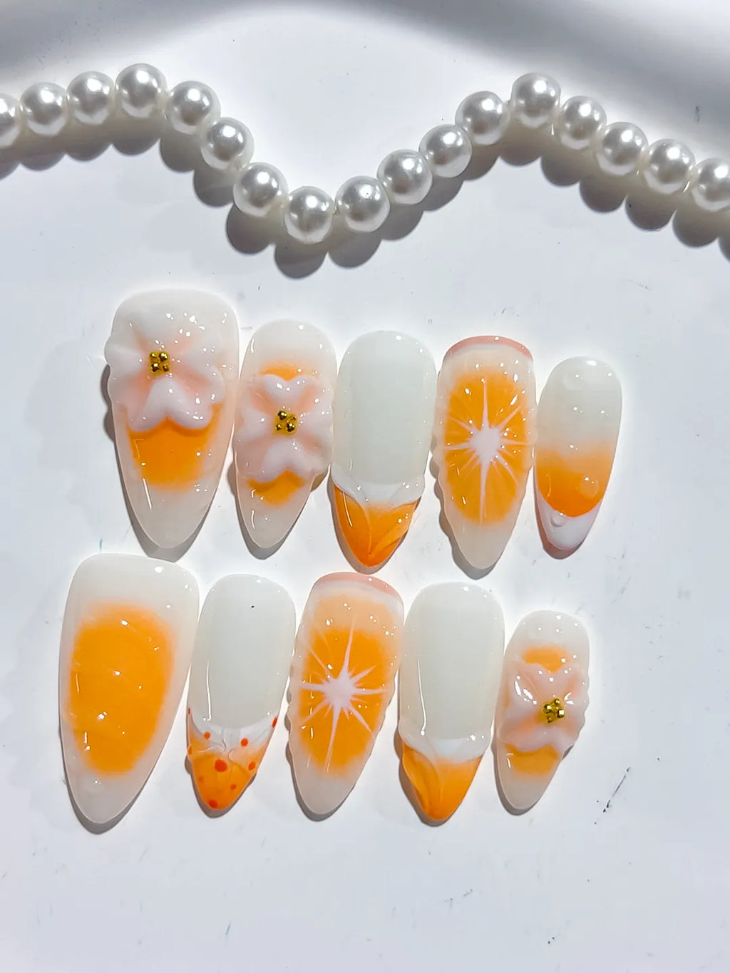 White Orange French tip Flower Fruit press on nails detail view