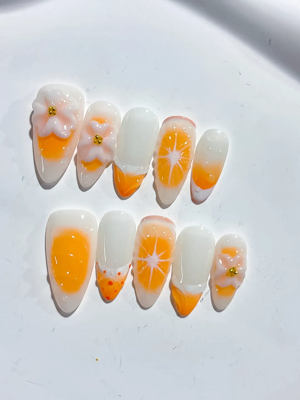 White Orange French tip Flower Fruit press on nails detail view