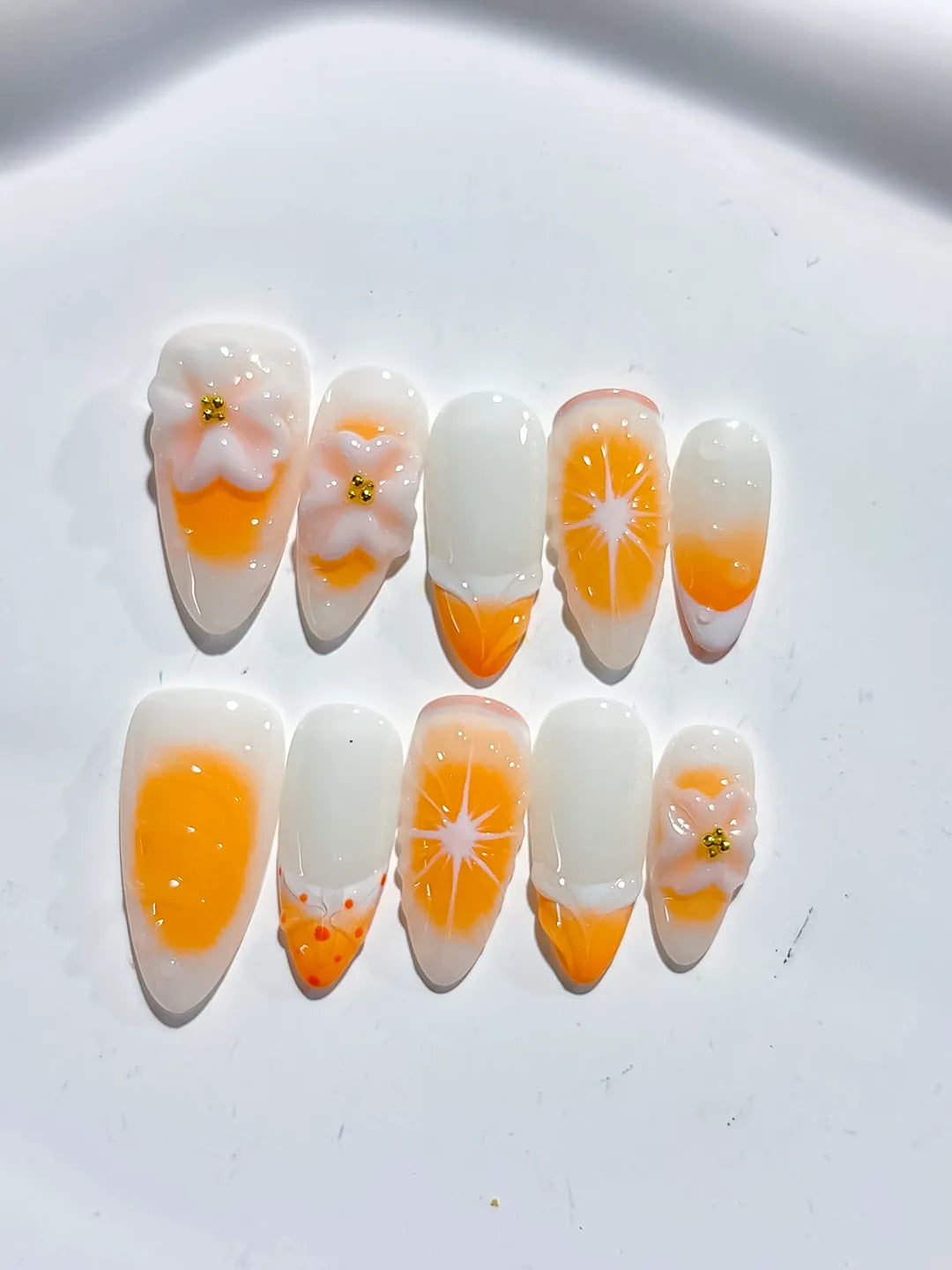 White Orange French tip Flower Fruit press on nails detail view