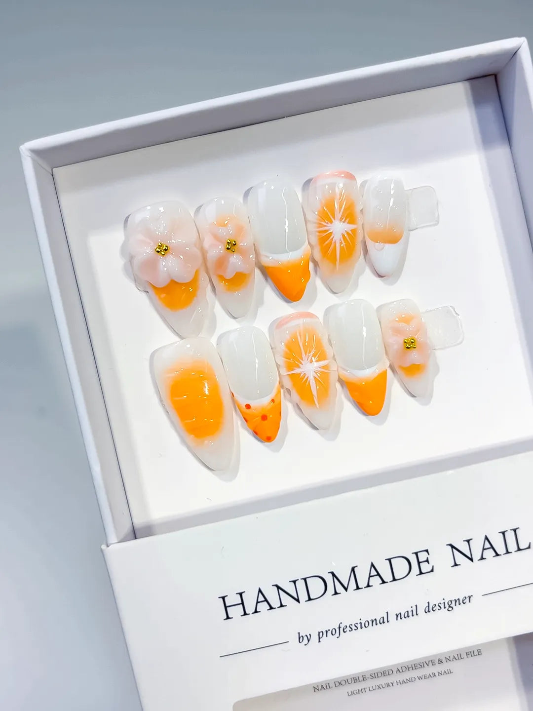White Orange French tip Flower Fruit press on nails angled view